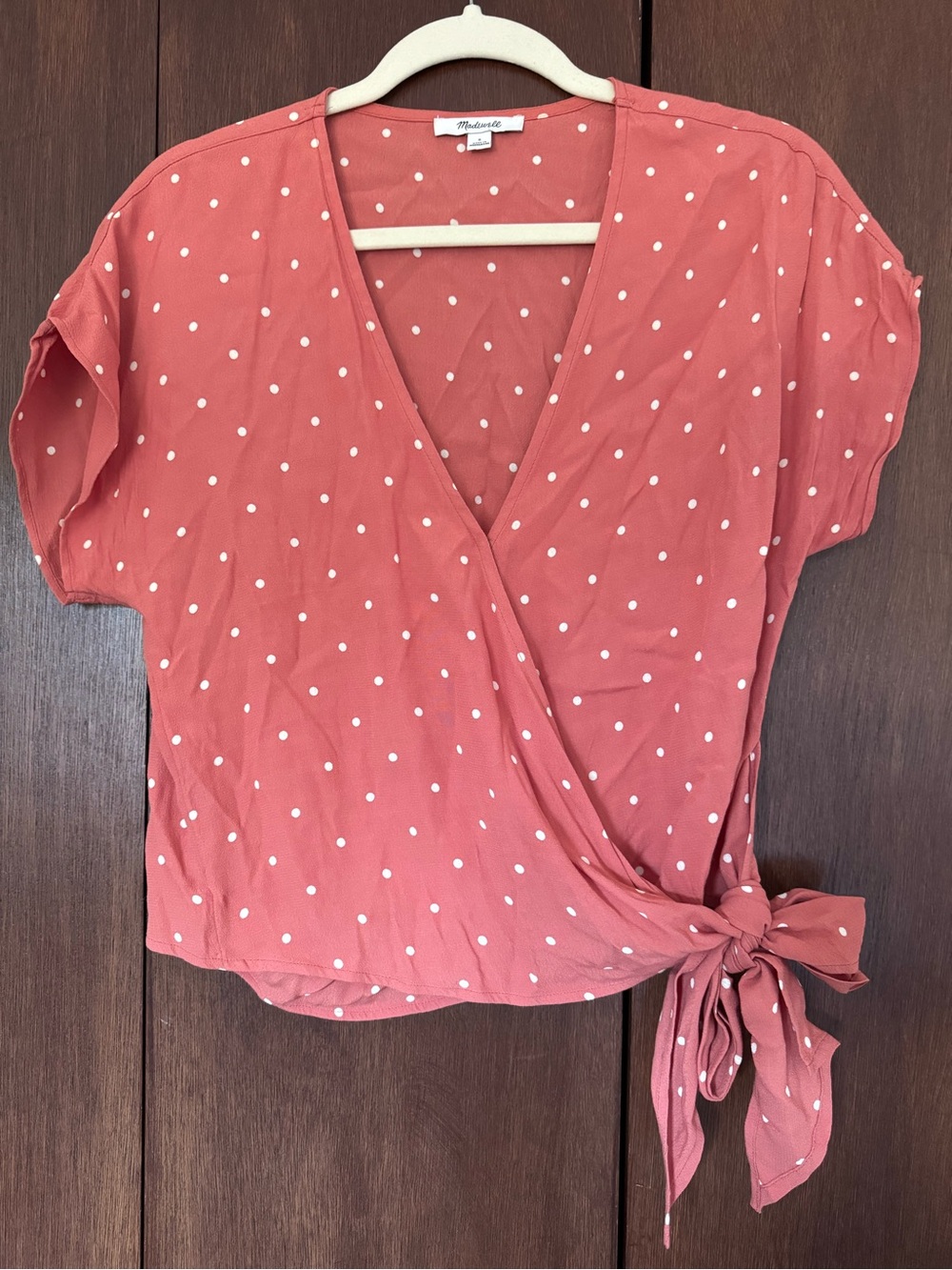 Madewell Coral Pink Polka Dot Wrap Top